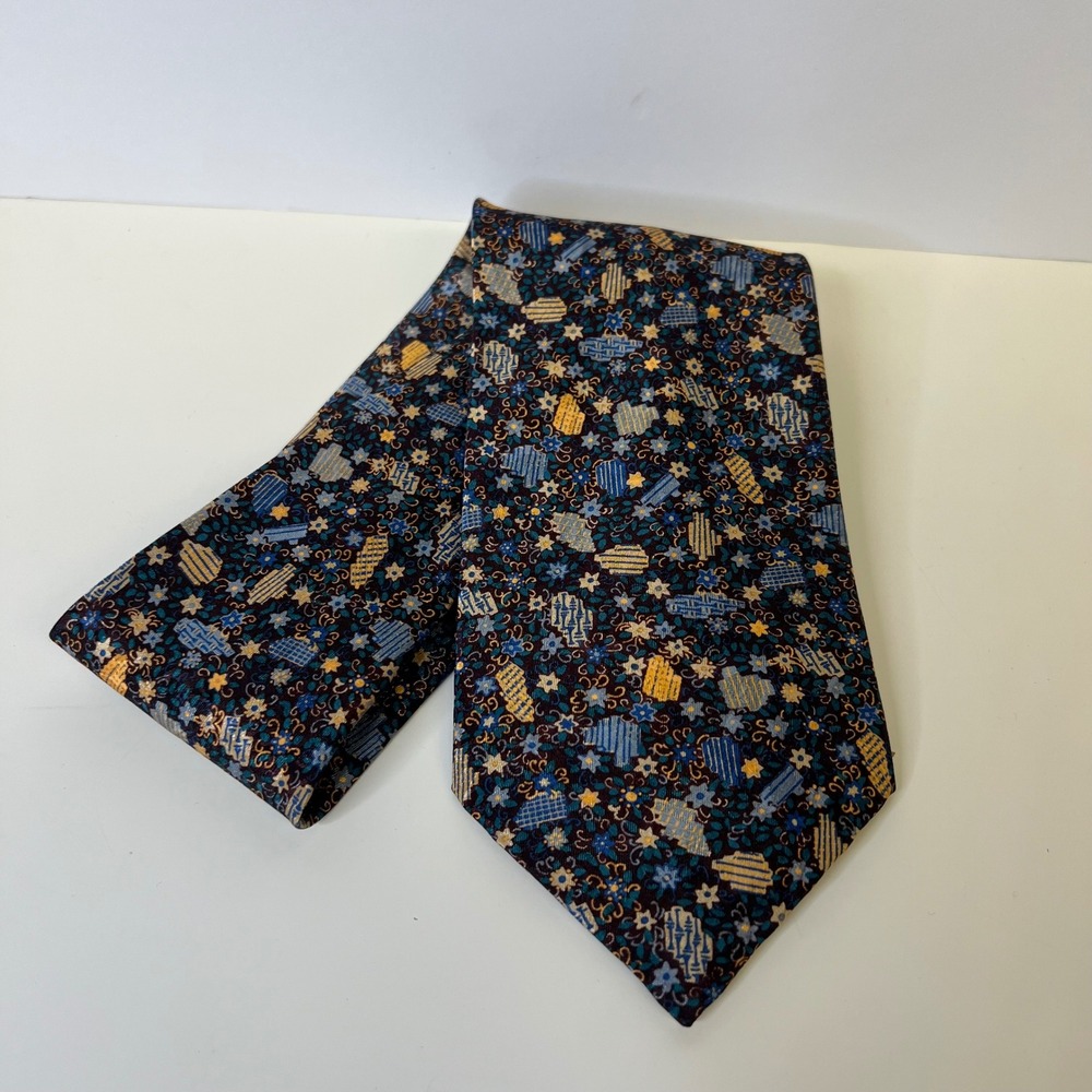 Le Cachet Mens Navy Blue Gold Floral Geometric Printed Polyester Necktie USA